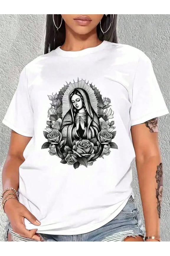 Our Lady Virgen De Guadalupe Virgin Mary Floral T-Shirt Print Crew Neck T-Shirt, Women Graphic T Shirts, Casual Short Sleeve T-Shirt For Spring & Summer, Women's Clothing