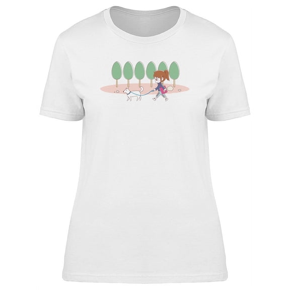 Lady Walking Her Dog Cartoon Tee Women's -Image by Shutterstock