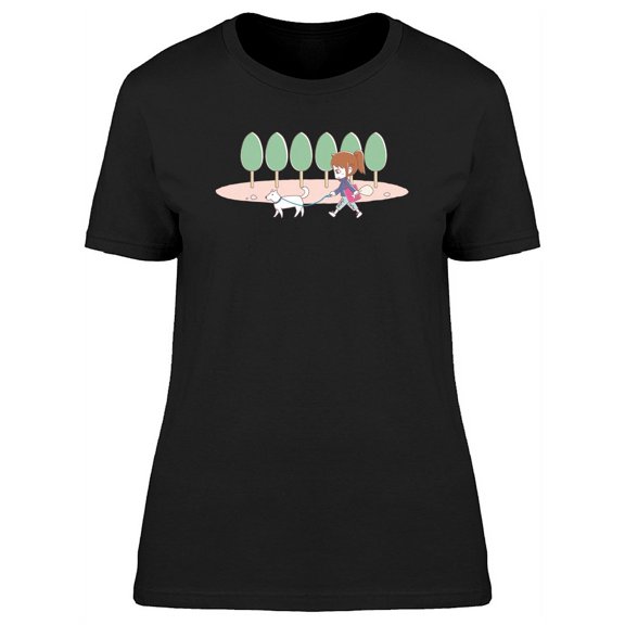Lady Walking Her Dog Cartoon Tee Women's -Image by Shutterstock