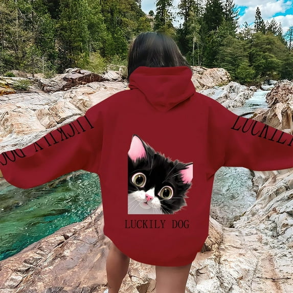 Lady Warm Heart Tie Cat And Dog Print Casual Drawstring Hoodie Ladies Hoodies Pullover Sweatshirt Thin Zip up Womens Hoodies Long Zip up Sweatshirt Jacket Dresses Casual Sweater Dress Women Long