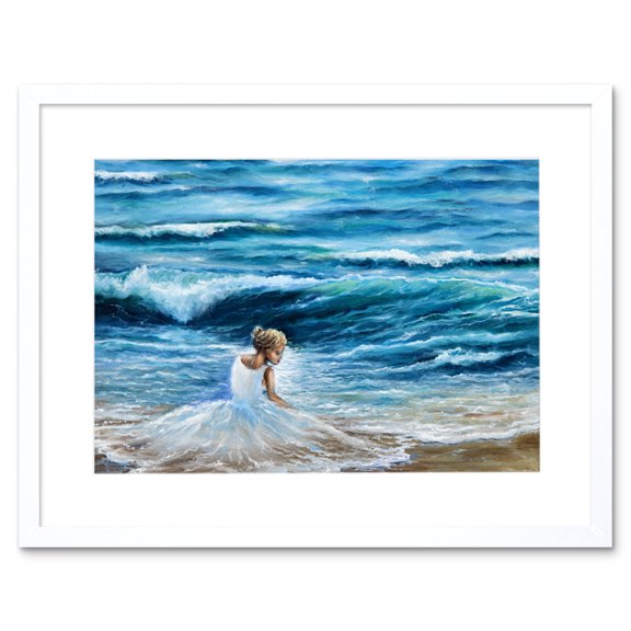 Lady Wearing White by The Sea Art Print Framed Poster Wall Decor 9x7 inch