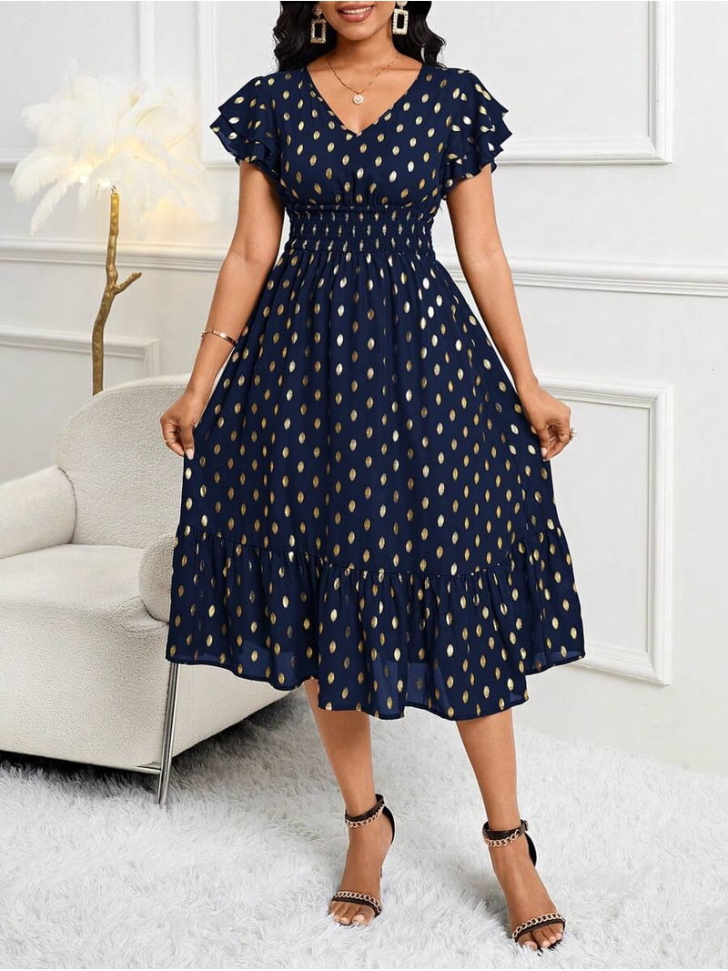 navy and gold wedding guest dress Lady Wedding Guest Dress Gold-Stamped Lotus Leaf Sleeves And Polka Dotted Dress For Daily Commuting, Work And Parties