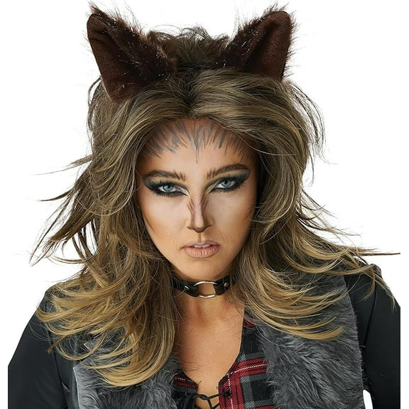 Lady Werewolf Costume Wig and Ears Set, Brown