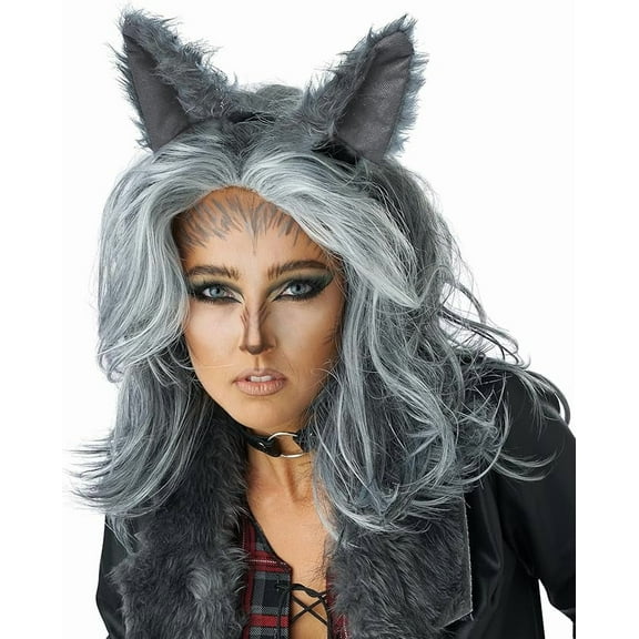 Lady Werewolf Costume Wig and Ears Set, Gray
