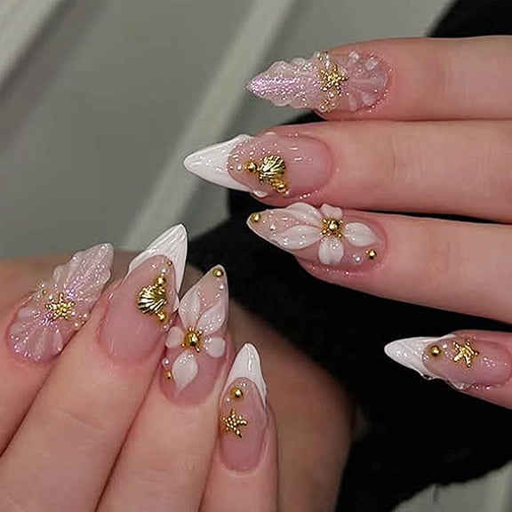 Lady White Press On Artificial Nails With Floral And Ribbon Design Application For Active Women