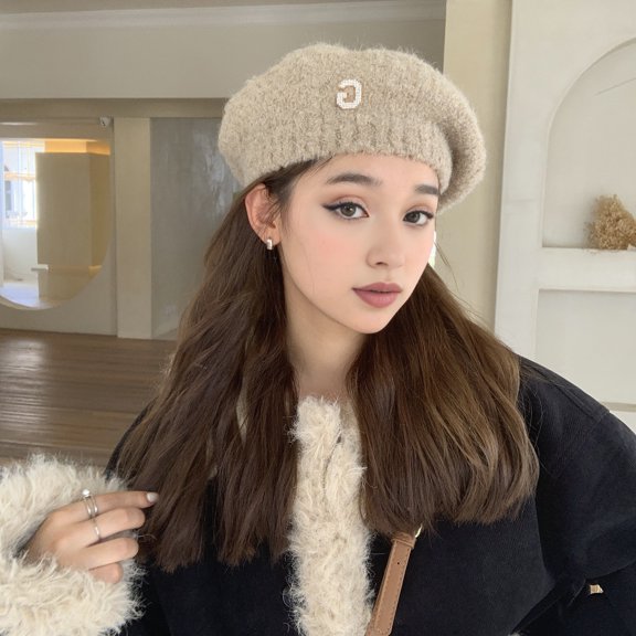 Lady Winter Beanie Rhinestone Letter Decor Japanese Style Elastic Beret Anti-slip Keep Warm Knitted Cap Solid Color Painter Hat