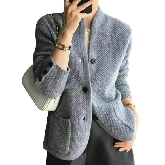 Lady Winter Coat Knitted Thickened Single-breasted Solid Color Pockets Stand Collar Warm Button Decor Cardigan Daily Wear Outdoor Sweater Jacket