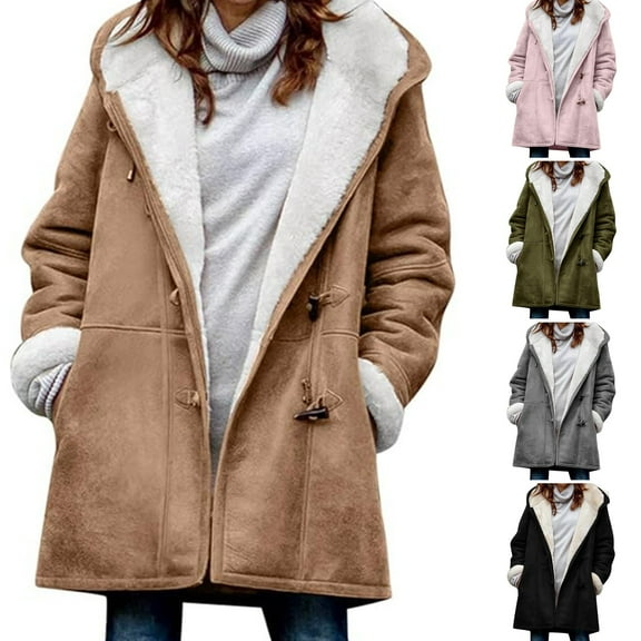 Lady Winter Coat with Hood And Pockets Thickened Fleece-lined Faux Suede Mid Length Thermal Jacket Long Sleeve Outdoor Casual Outerwear