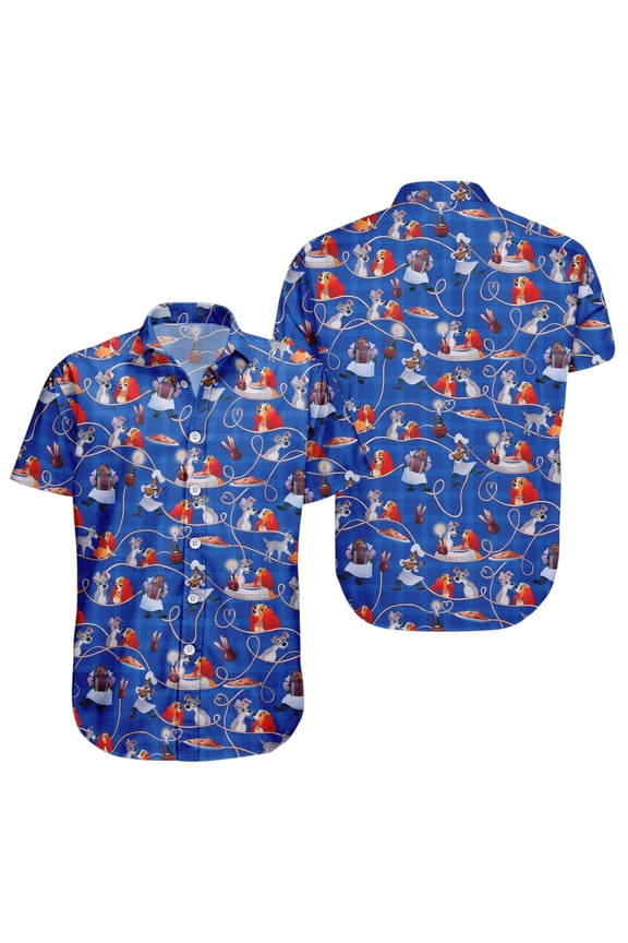 Lady and the Tramp Hawaiian Shirt, Romantic Disney Button Shirt, Spaghetti Date Cartoon Beach Shirt, Vacation Outfit