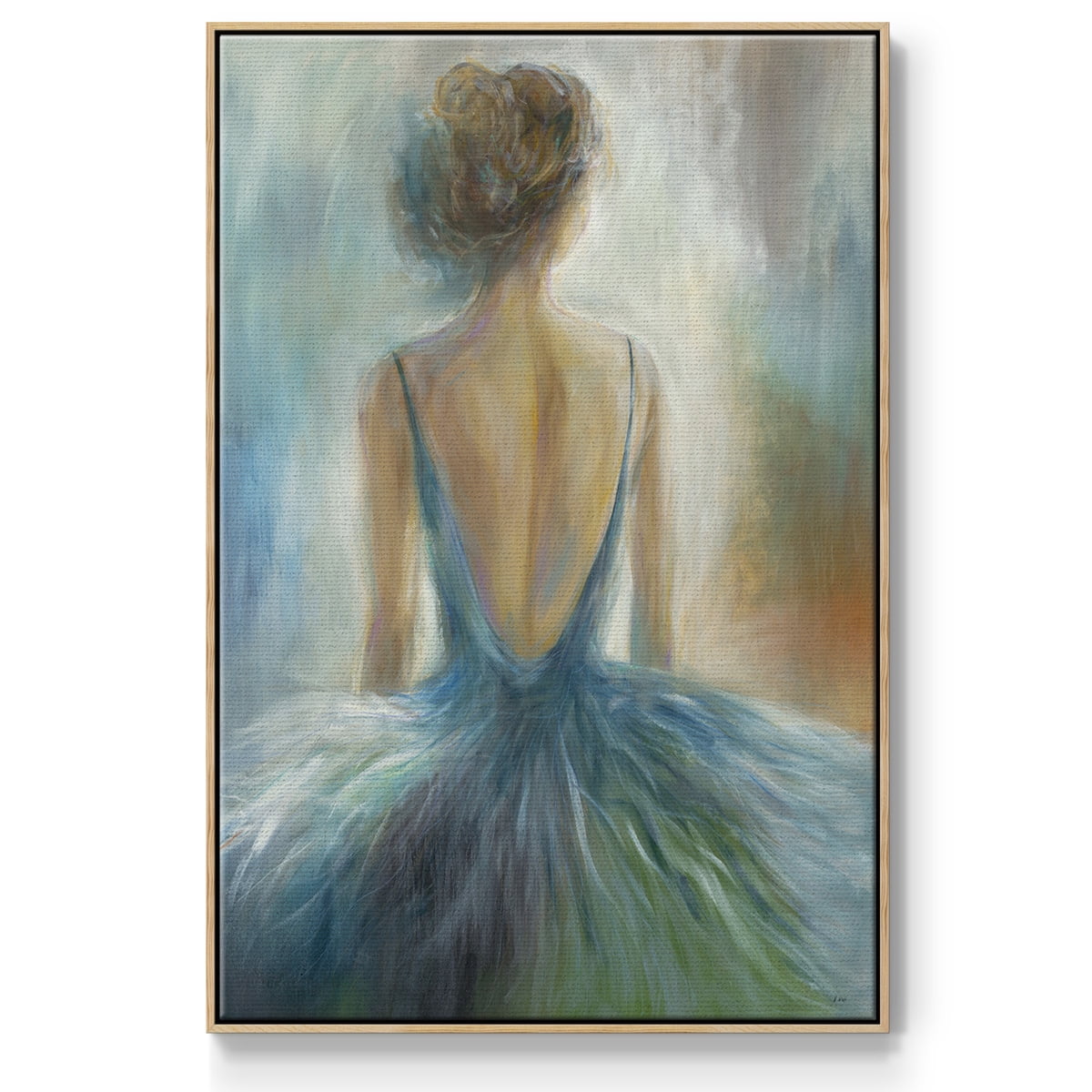 Lady in Blue Framed Premium Gallery Wrapped Canvas - Ready to Hang - 25 x 37 - Natural Wood Floating Frame