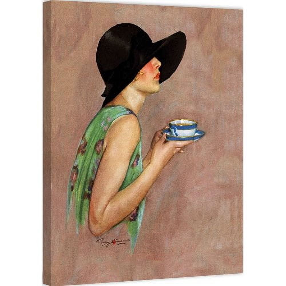 "Lady in Wide Brim Hat Holding Tea Cup" Painting Print on Canvas