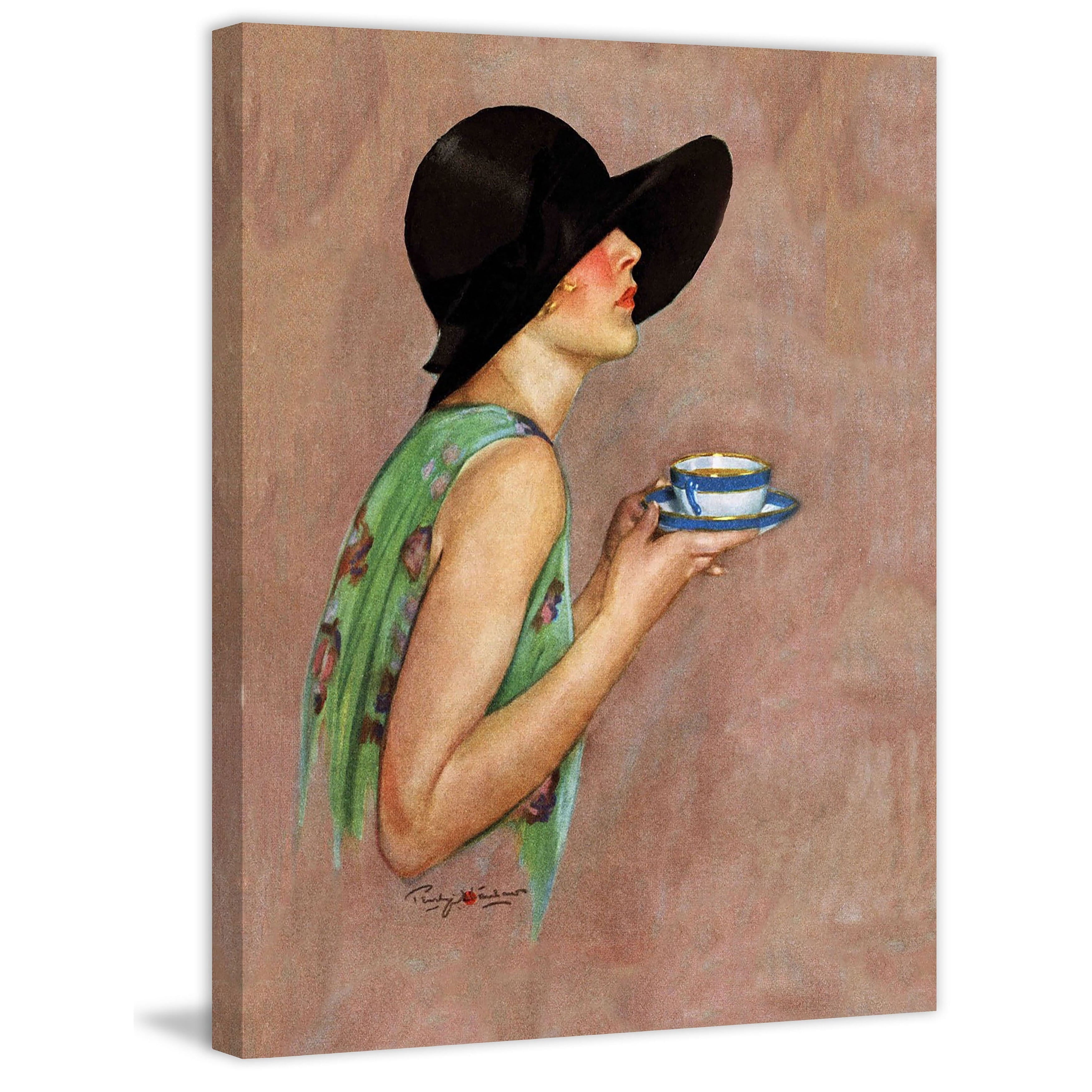 "Lady in Wide Brim Hat Holding Tea Cup" Painting Print on Canvas