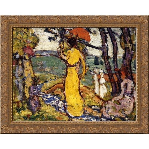 Lady in Yellow Dress in the Park (also known as A Lady in Yellow in the Park) 24x20 Gold Ornate Wood Framed Canvas Art by Prendergast, Maurice