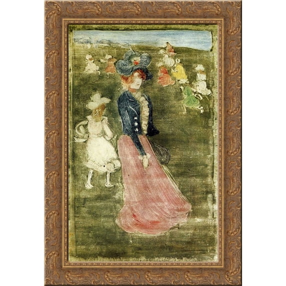 Lady in a Pink Skirt 19x24 Gold Ornate Wood Framed Canvas Art by Prendergast, Maurice