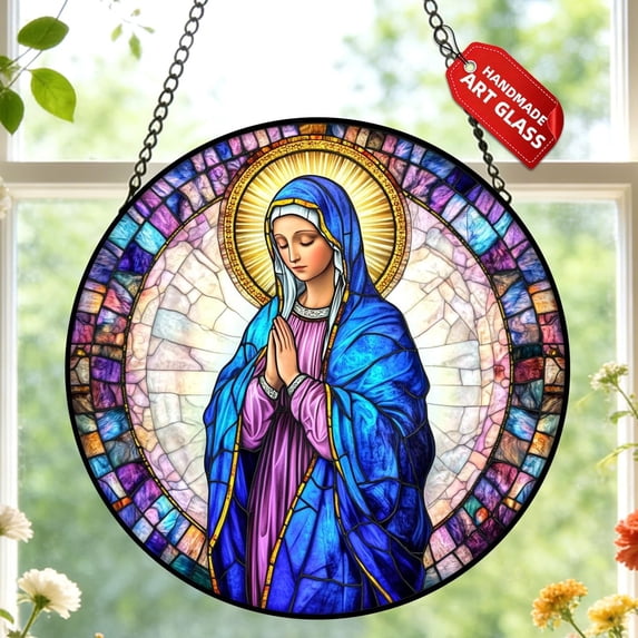 Lady of Guadalupe Christian Stained Glass Window Hanging Round Panel