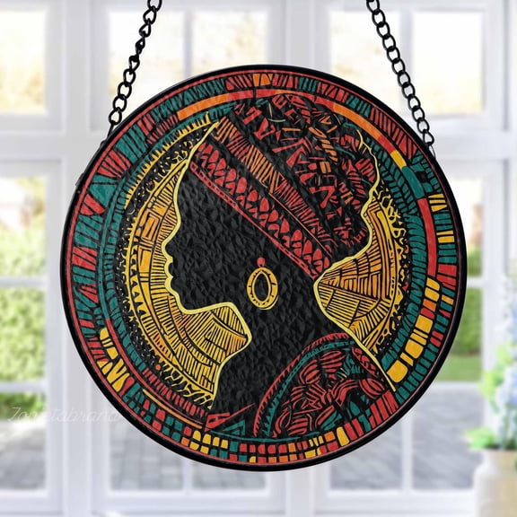 African Queen Stained Glass Suncatcher Metal Outdoor Decor Afrocentric Design Multicolor