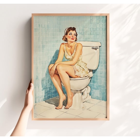 Lady on Toilet Downstairs Loo Bathroom Wall Decoration, Unframed Canvas 24x36in