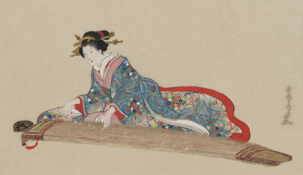 Lady playing the koto 1878 Canvas Art - Settei Hasegawa (24 x 36)
