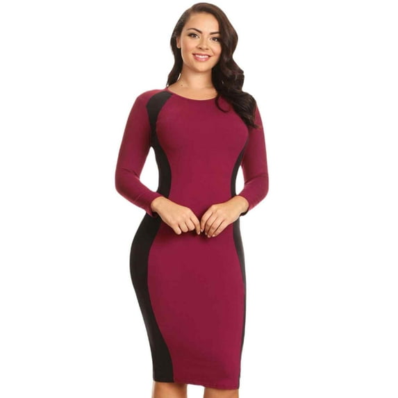 Lady's Color Block Contrast Midi Dress, Camel/Black, L