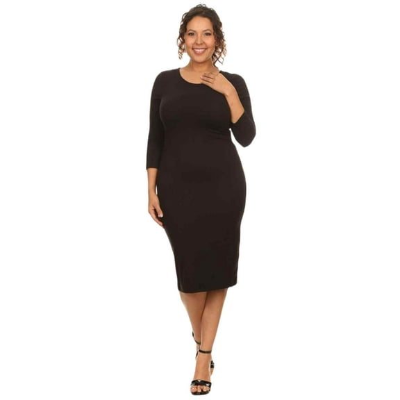 Lady's Crew Neck 3/4 Sleeve Midi Bodycon Dress, Black, 2XL