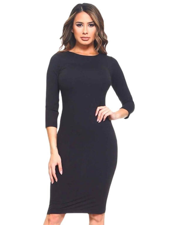 Lady's Crew Neck 3/4 Sleeve Midi Bodycon Dress, Black, S