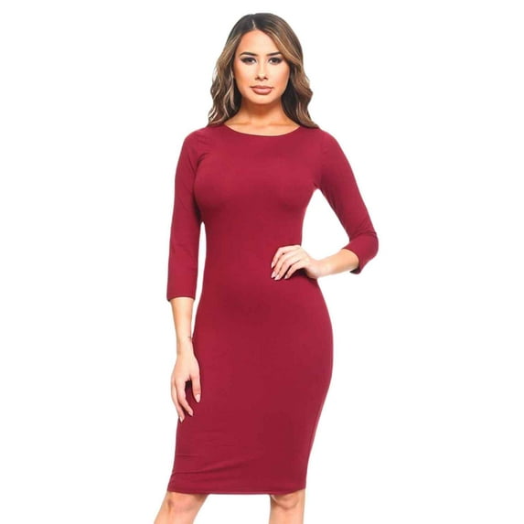 Lady's Crew Neck 3/4 Sleeve Midi Bodycon Dress, Burgundy, L