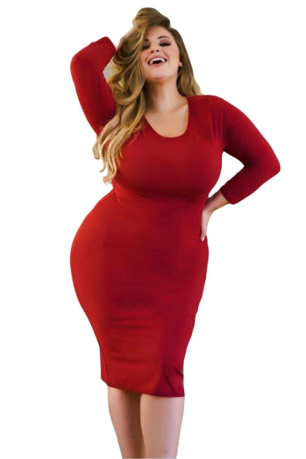 red 3 4 sleeve bodycon dress Yelete Lady's Crew Neck 3/4 Sleeve Midi Bodycon Dress, Crimson, 3XL, Women's, Red