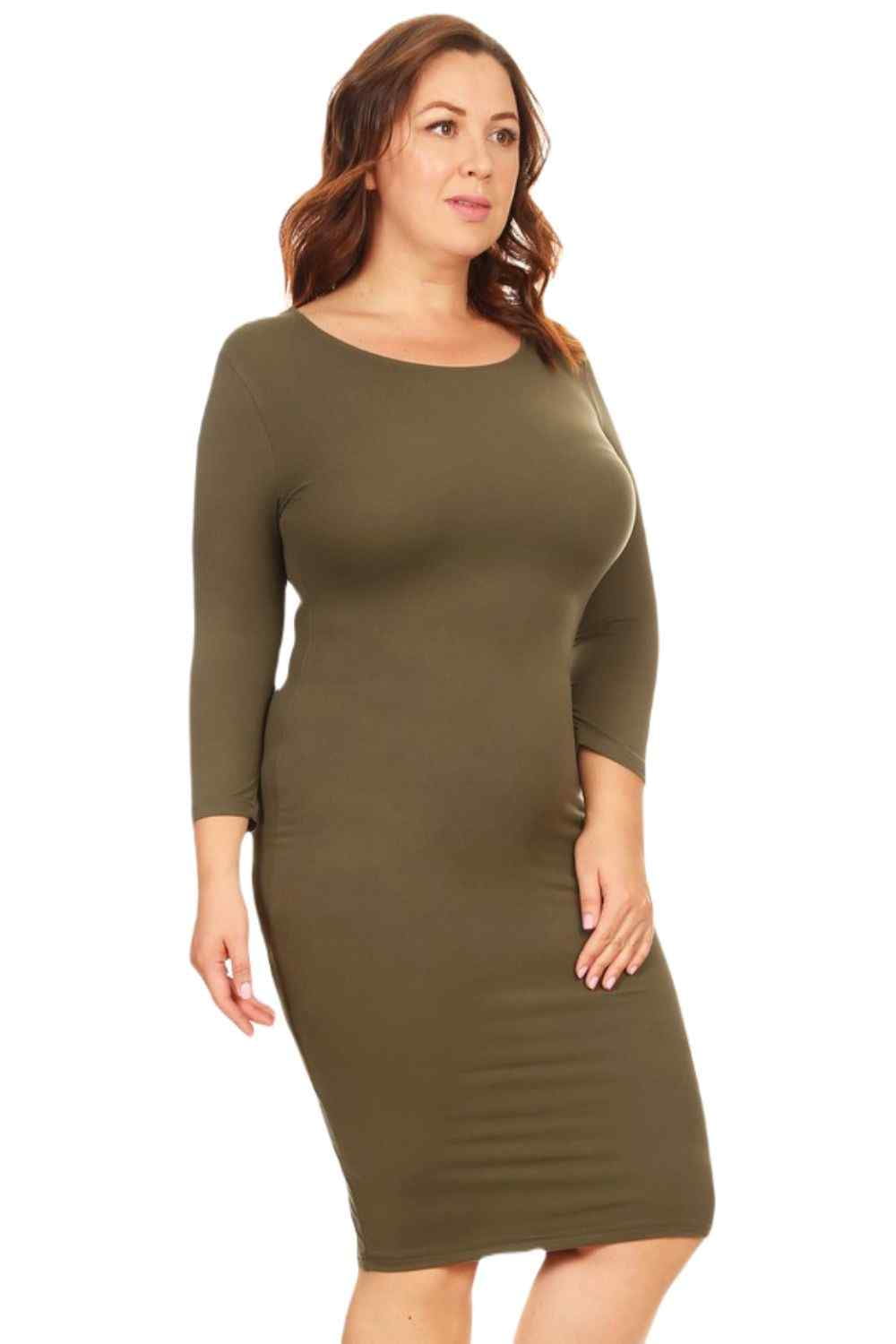 Lady's Crew Neck 3/4 Sleeve Midi Bodycon Dress, Dark Olive, S - Walmart Business Supplies Lady's Crew Neck 3/4 Sleeve Midi Bodycon Dress, Dark Olive, S - Walmart Business Supplies