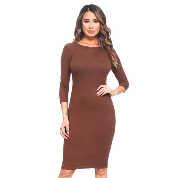 Lady's Crew Neck 3/4 Sleeve Midi Bodycon Dress, Mocha, S