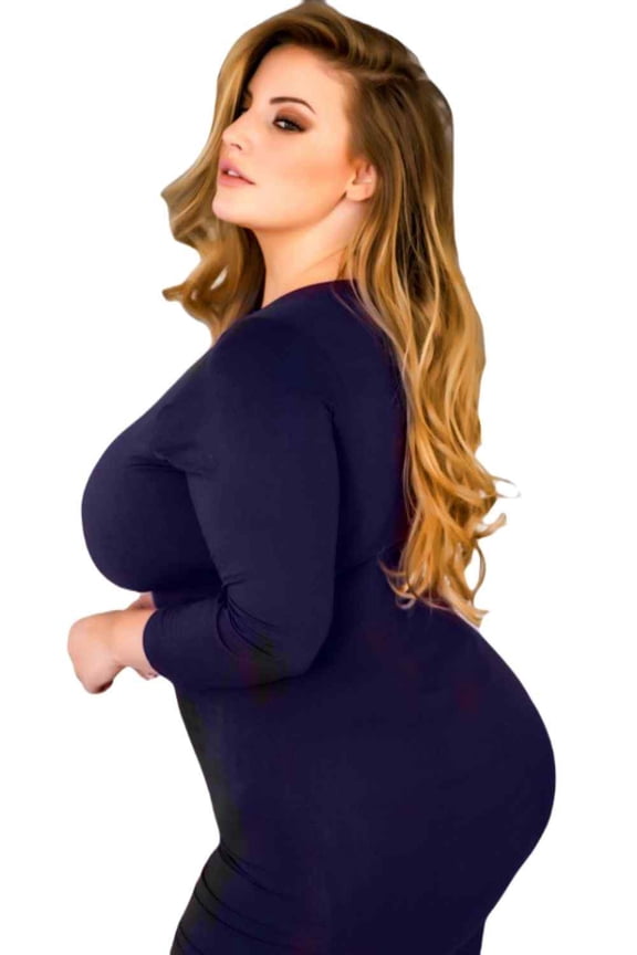 Lady's Crew Neck 3/4 Sleeve Midi Bodycon Dress, Navy, 3XL