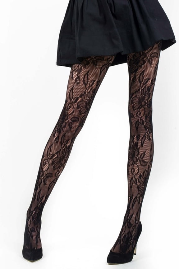 Lady's Fashion Designed Fish Net Tights, Black Floral , One Size