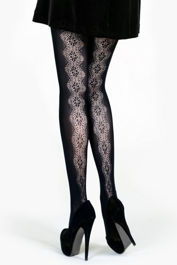 Lady's Fashion Designed Fish Net Tights, Chantilly Lace Backseam, One Size