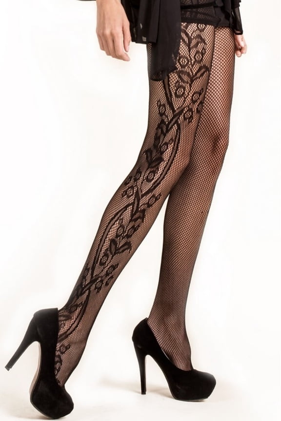 Lady's Fashion Designed Fish Net Tights, Side Whimsical Floral Inset, One Size