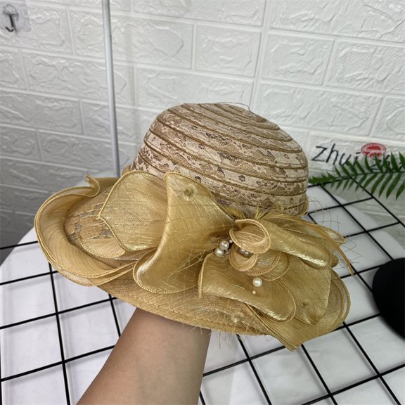 Lady's French Chapeau Summer Sun Hat Floral Embellishments Wide Brim Netted Beach Suitable, Gold