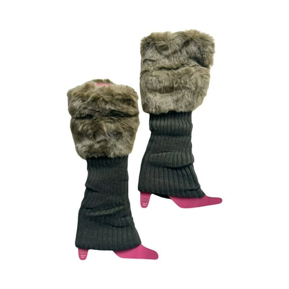 Lady's Furry Leg Warmers With Ball Tassels - Fluffy Boot Cover (Grey)