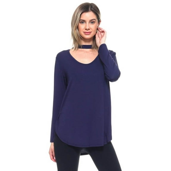 Lady's Long Sleeve Choker Top, Navy Blue, M