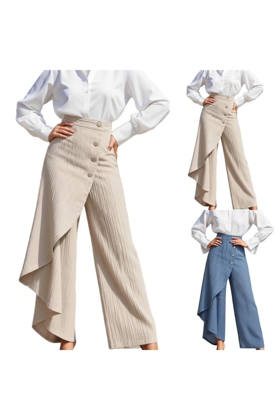 Women's High-Waisted Asymmetrical Wrap Denim Wide-Leg Pants - Button Flared Jeans for Casual & Office Wear