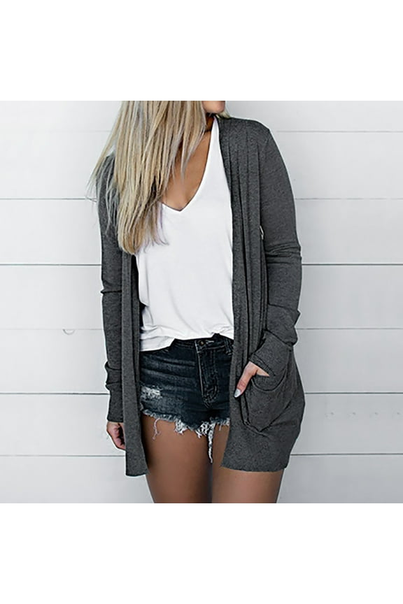 Lady's New Arrivals,AXXD Solid Long Sleeve Pocket Cardigan Ladys Lightweight Cardigan Clearance Dark Gray Size 12