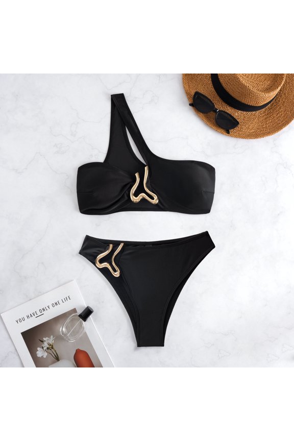 Lady's One-Shoulder Bikini, Delicate & Alluring, Ideal for Honeymoon, Resort Wear, or Feeling Confident, Adjustable for a Custom Fit, Summer Essential. Black M