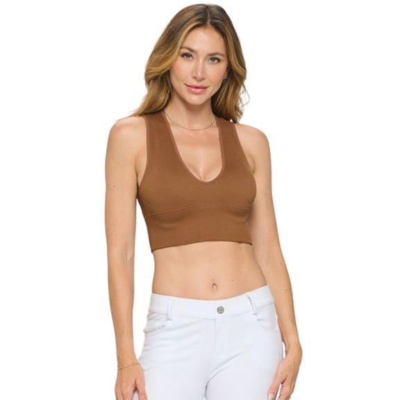 Lady's Seamless Rib V-Neckline Tank Top, Coffee, SM