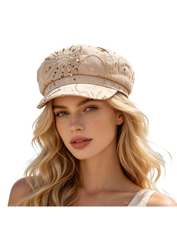Lady's Sequin Newsboy Caps Breathable Lightweight and Comfortable Hats for Women Beige One Size
