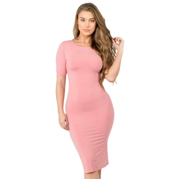 Lady's Short Sleeve Crew Neck Midi Bodycon Dress, Coral Pink, M