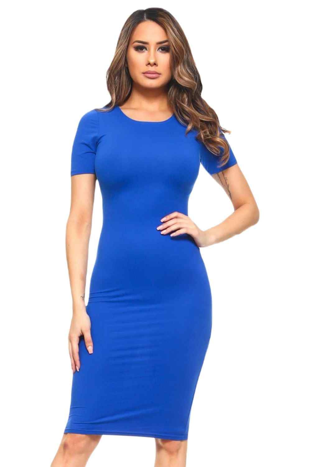 princess polly baby blue dress Lady's Short Sleeve Crew Neck Midi Bodycon Dress, Royal Blue, S