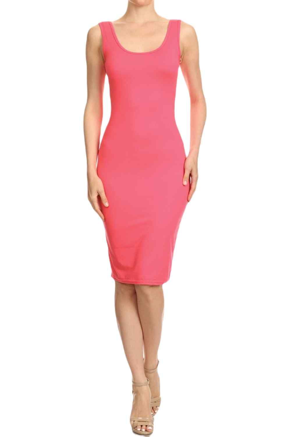 Lady's Sleeveless Bodycon Dress, Coral, Scoop Neckline, S Lady's Sleeveless Bodycon Dress, Coral, Scoop Neckline, S