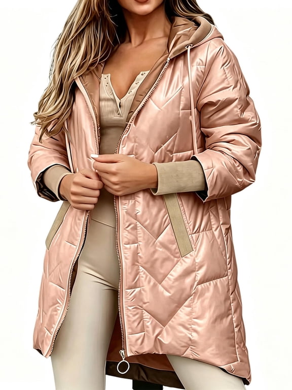 Lady's Winter Coat Baeitkot Lady's Winter Casual Loose-fitting Hooded Mid-length Quilted Warm Coat Khaki XXL