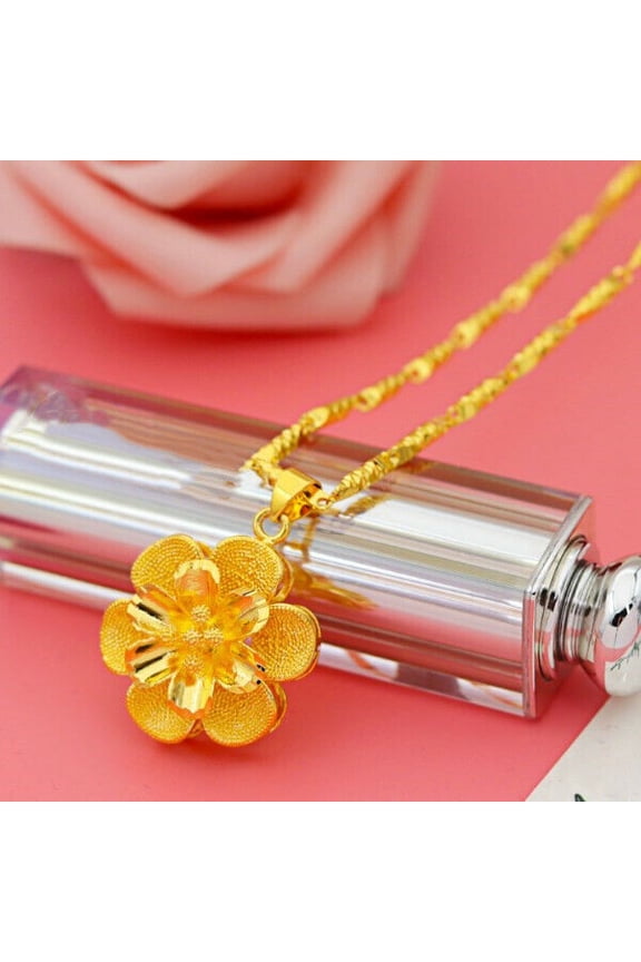 Lady's flower 22K 24K Thai Baht Yellow Gold GP Filled Pendant + Necklace hot