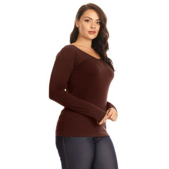 Lady's scoop Seamless Long Sleeve Top - Coffee, Plus Size
