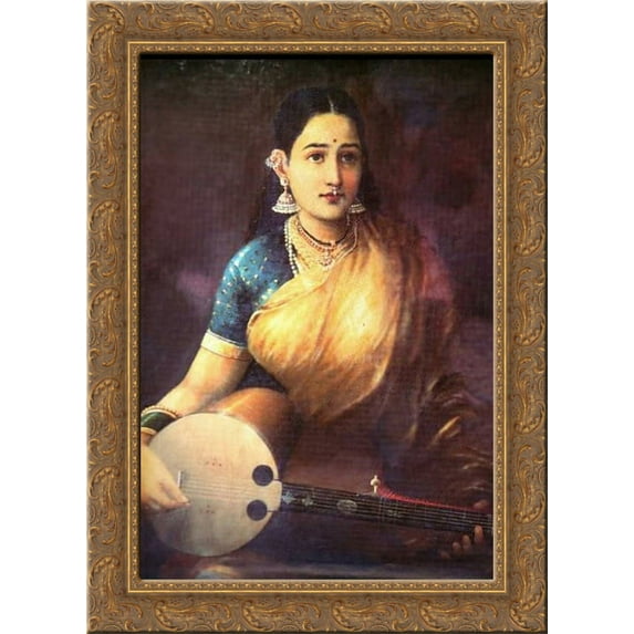 Lady with Swarbat 20x24 Gold Ornate Wood Framed Canvas Art by Ravi Varma, Raja