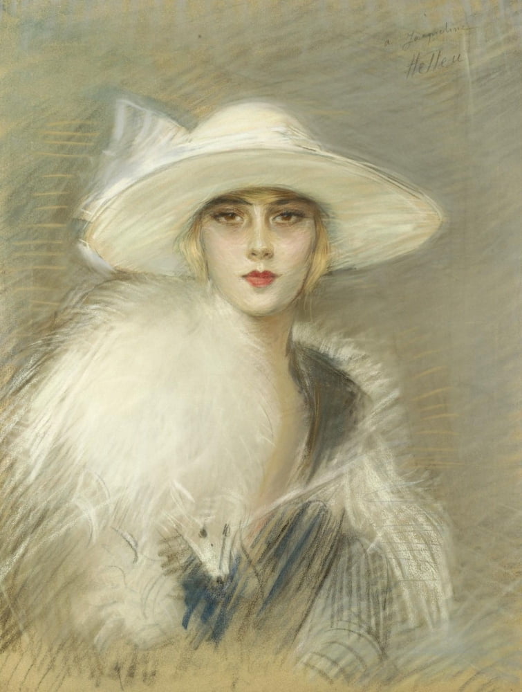 Lady with hat and fur Canvas Art - Paul Csar Helleu (18 x 24)