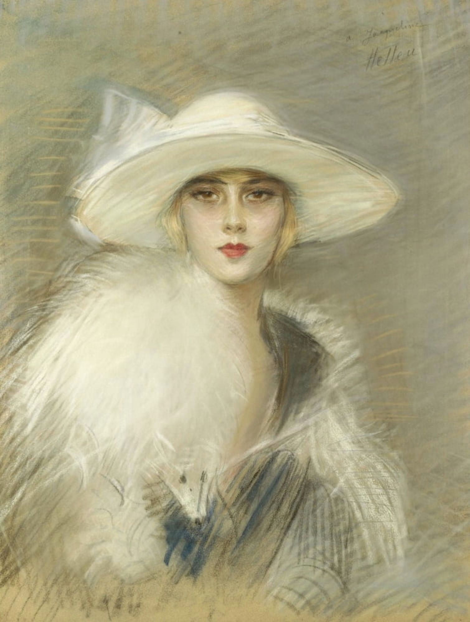 Lady with hat and fur Canvas Art - Paul Csar Helleu (24 x 36)